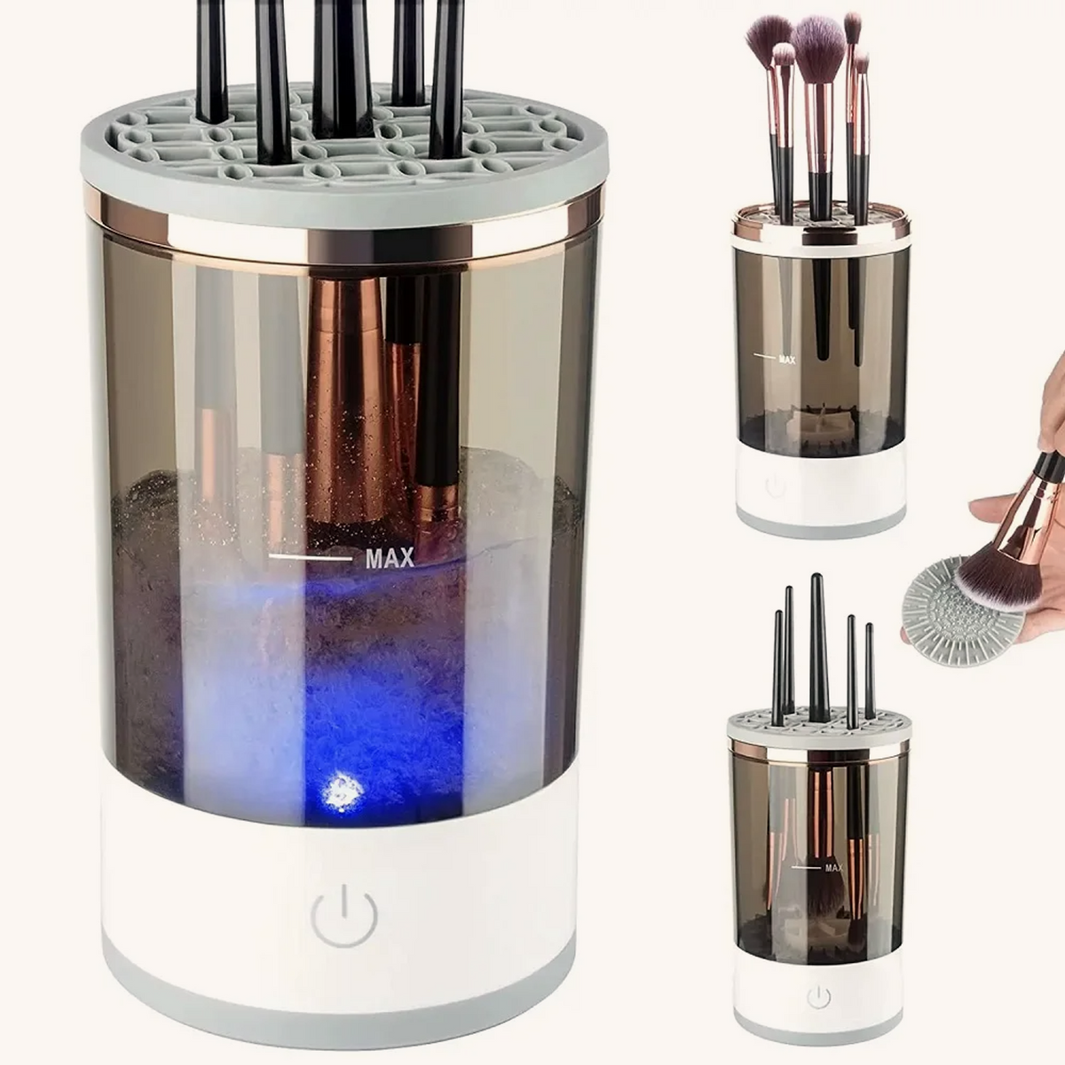 Rinsella cleaner running, with clean brushes drying in the flipped lid